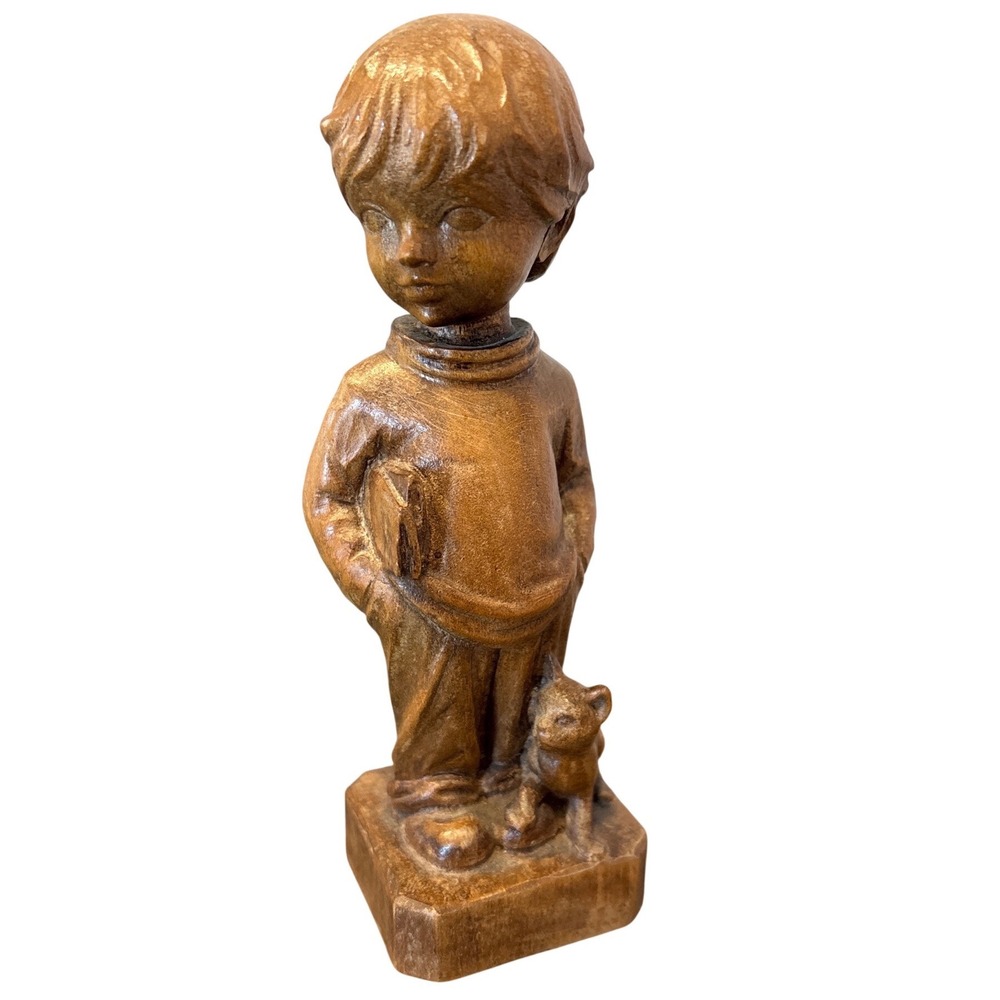 Vintage ANRI Hand Carved Wooden Boy Figurine w Dog Italy Folk Art 7in